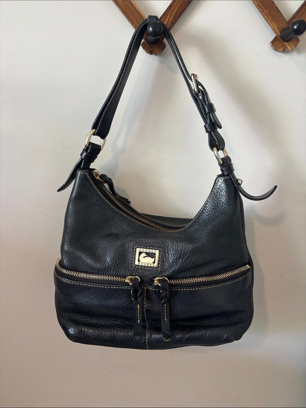 Dooney & Bourke Black Leather Shoulder Hobo with Gold Hardware